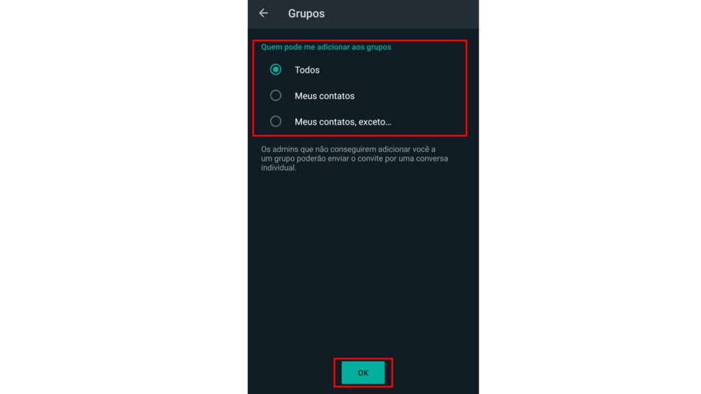 Na imagem vemos as opções que o whatsapp oferece
