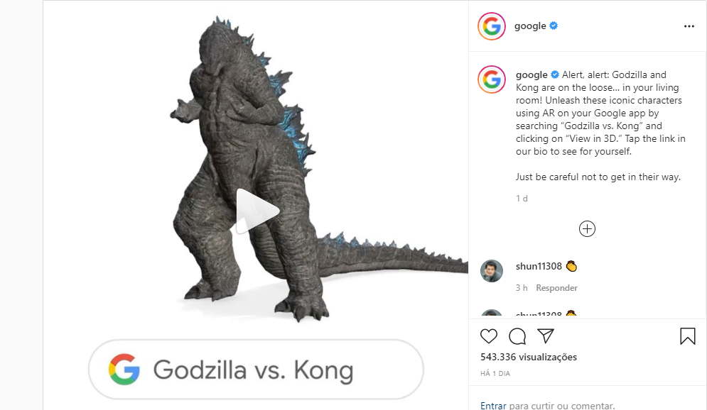 Godzilla e King Kong chegam no Animais 3D do Google, vejam como ver