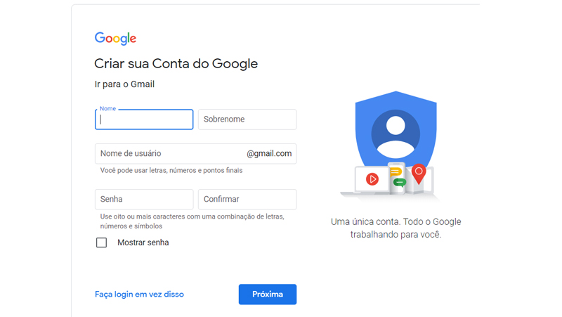 Insira os dados necessários para criar gmail