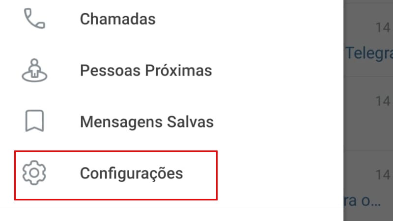 Menu de configurações aplicativo telegram
