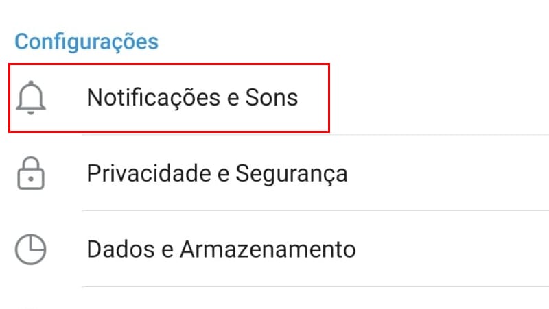 Opção de notificações e sons nas configurações