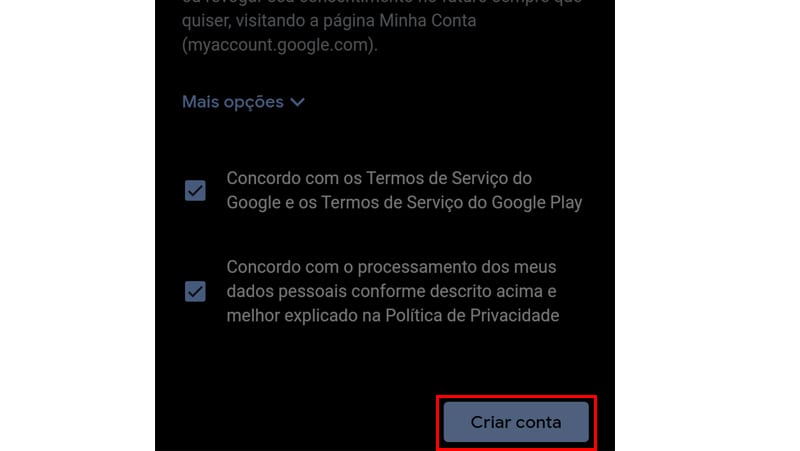 Para finalizar o processo vá em criar conta