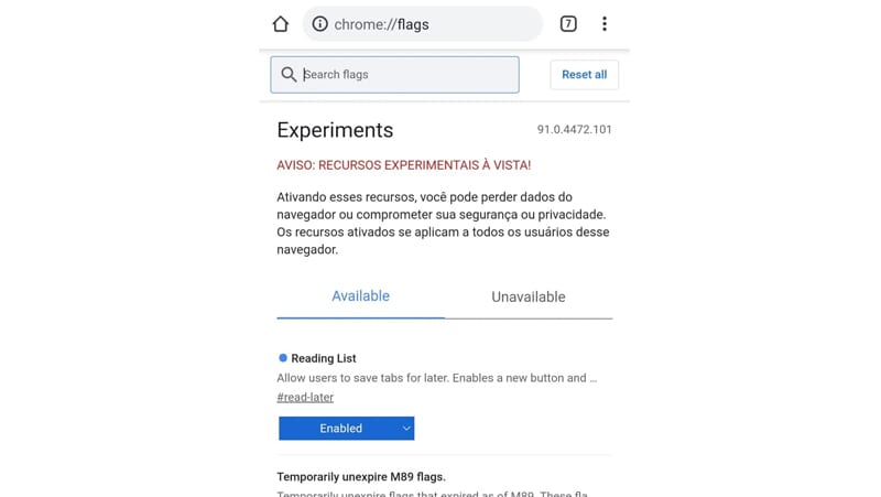 chrome flags no android é possível