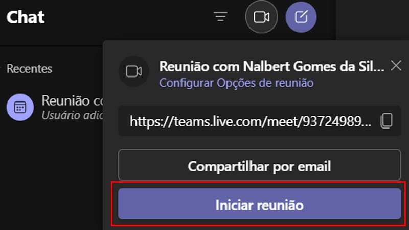 como iniciar reunião microsoft teams