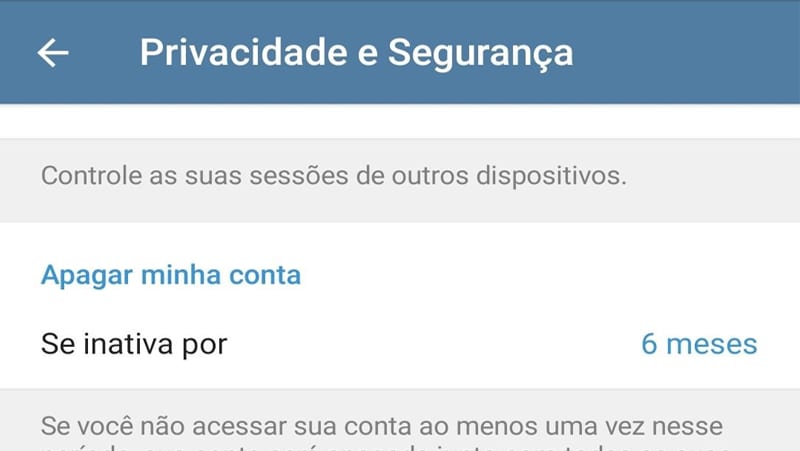 opção de exclusão temporária de conta
