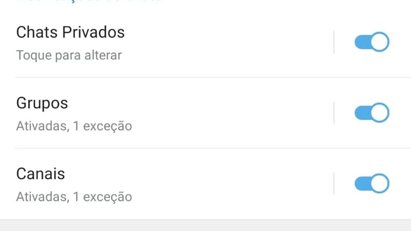 opções para desativar e não receber notificações do telegram
