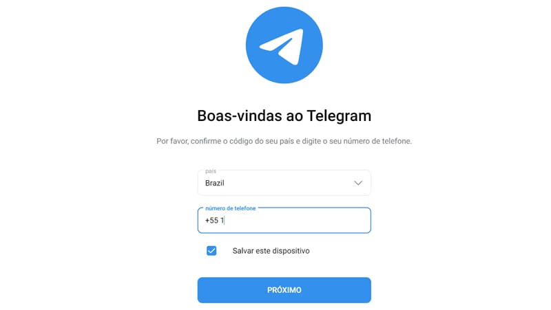 página inicial do telegram web para digitar seu número