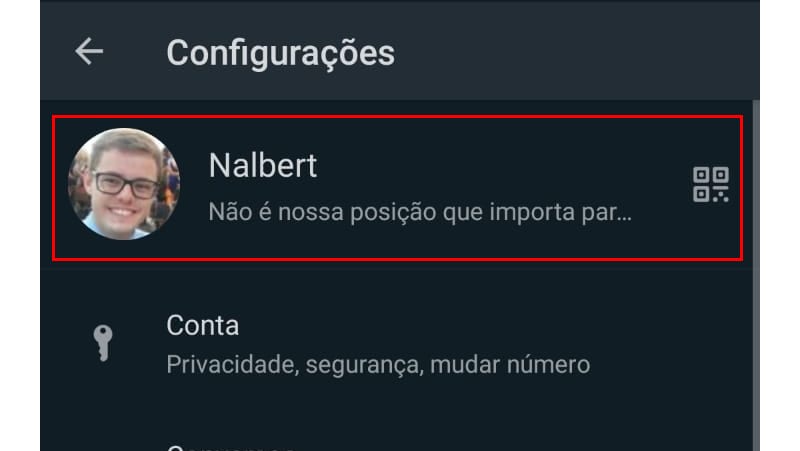 Toque no seu nome para alterar as fotos para perfil do whatsapp