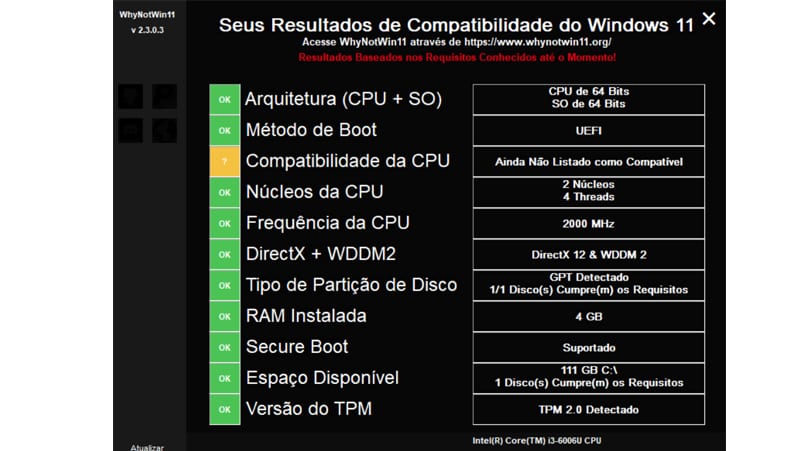 requisitos no programa para saber se o computador aceita o Windows 11