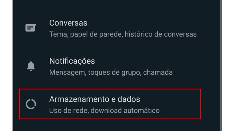 seção armazenamento e dados do whatsapp