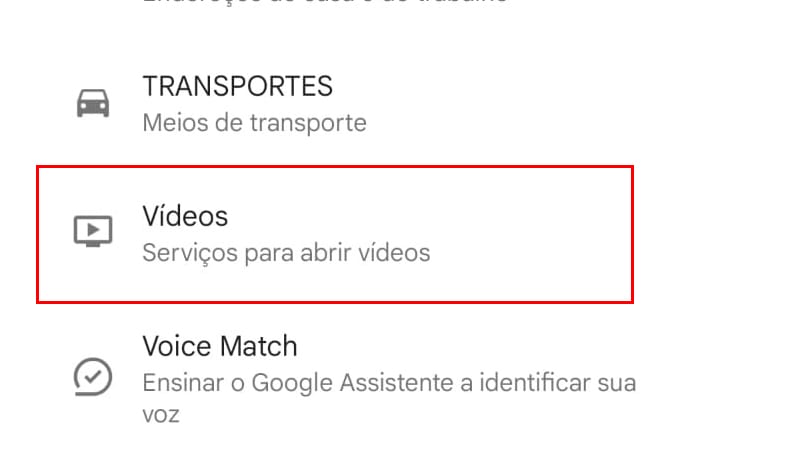 seção vídeos nas configurações do google