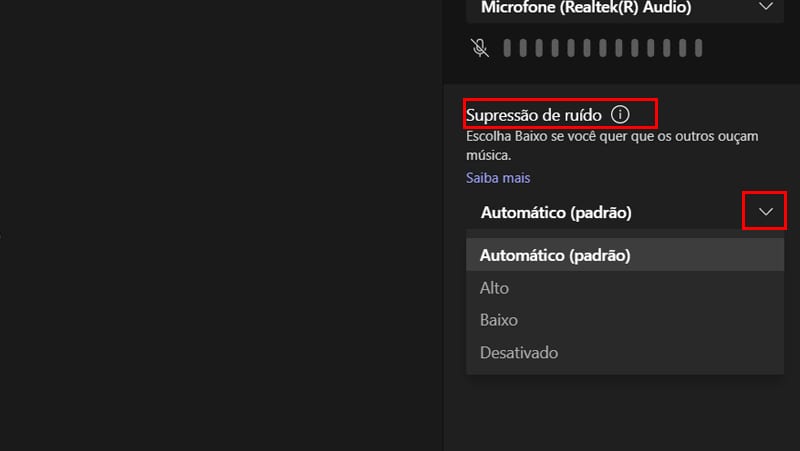 na imagem vemos a opção de supressão de ruído