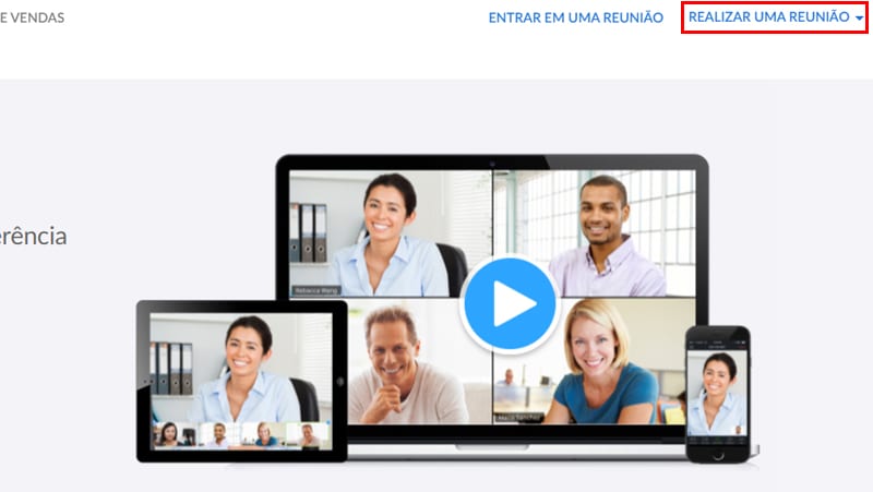 Clique em realizar reunião no site do zoom para fazer as aulas online
