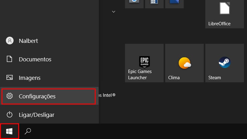 Clique no icone do windows e em configurações