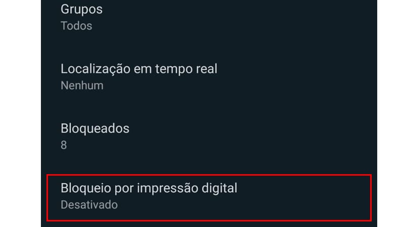 agora você já sabe como colocar senha no whatsapp, para ativar e configurar toque na opção mostrada