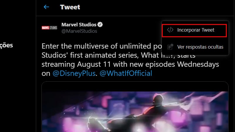 para copiar o link clique em incorporar tweet para baixar vídeo twitter