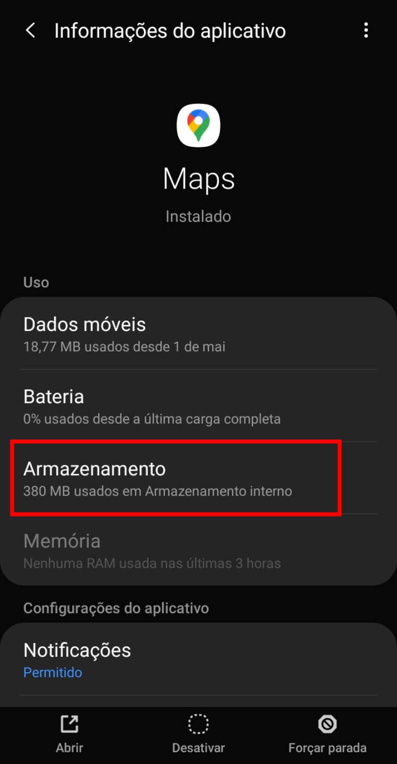 Procure o aplicativo Google Maps e toque na opção Armazenamento