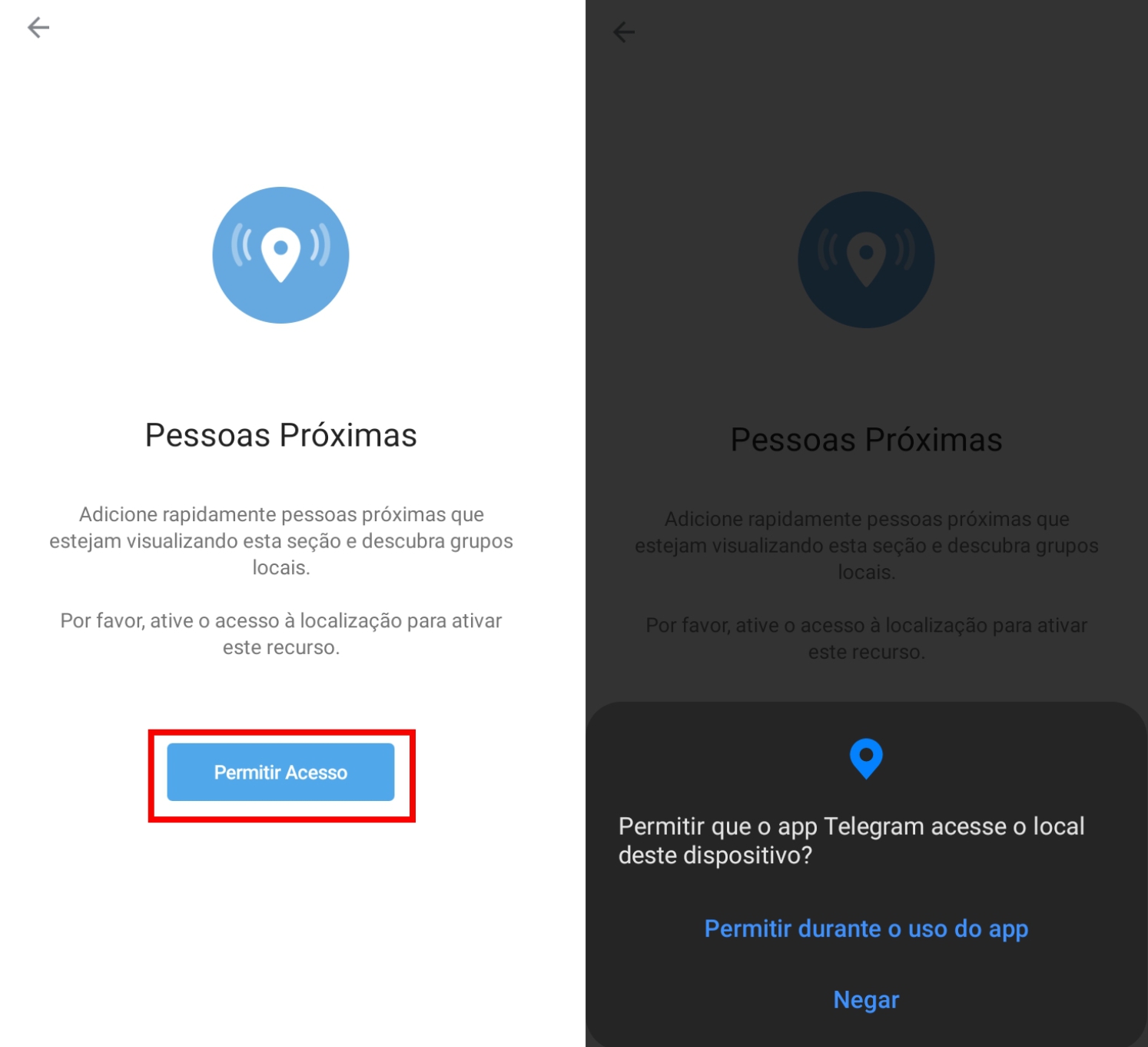 Selecione permitir acesso no Telegram