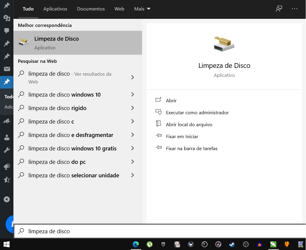 Toque no ícone da lupa e digite Limpeza de disco ou aperte o botão do Windows e digite