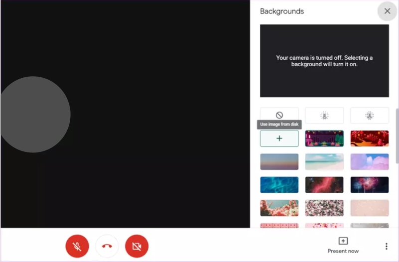 Você pode selecionar um ou enviar o seu próprio plano de fundo do seu computador no Google Meet