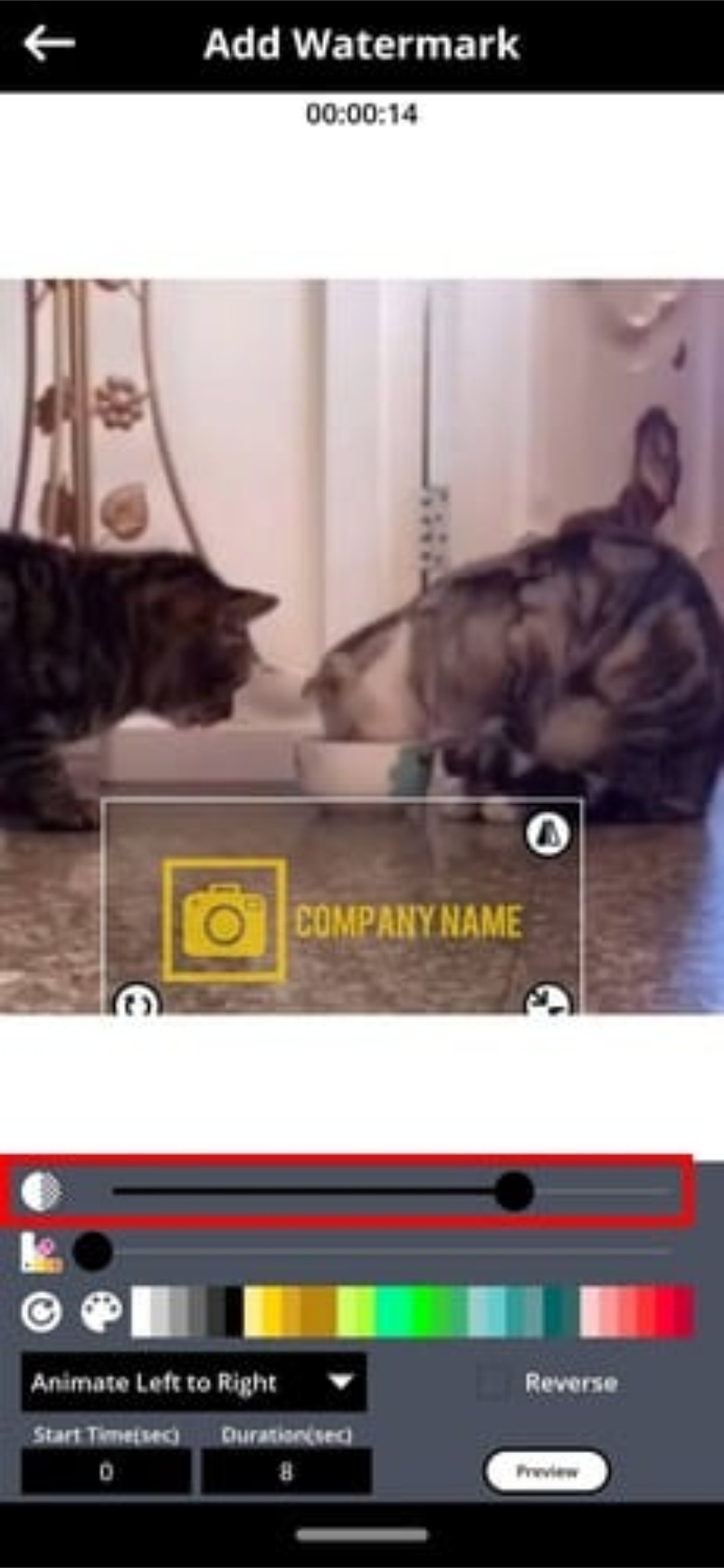 ajustando transparência na marca dagua em um vídeo pelo app WaterMark no Android