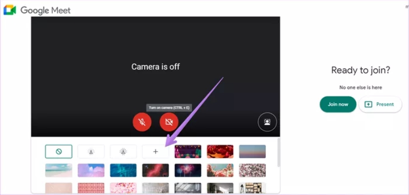 clique no ícone (+) para adicionar o plano de fundo do seu computador do Google Meet