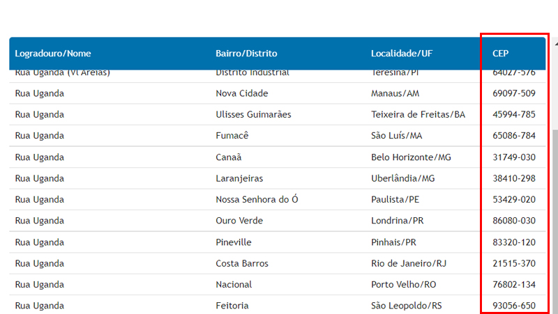 coluna com cep