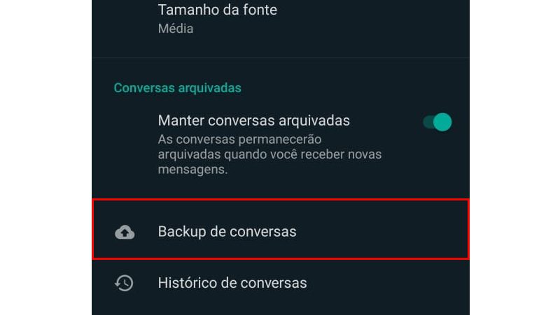 depois vá em backup de conversas