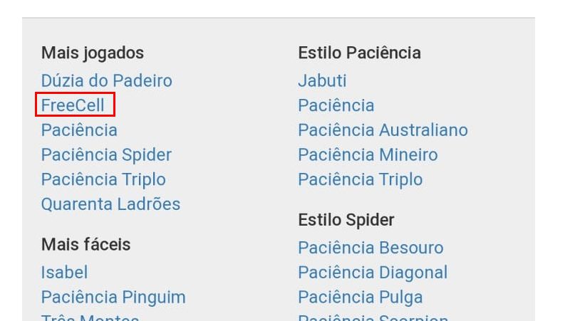 escolha mais jogados no freecell