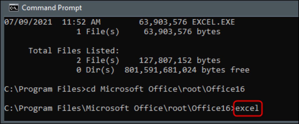 imagem mostrando como abrir o Excel a partir do caminho do executavel no cmd