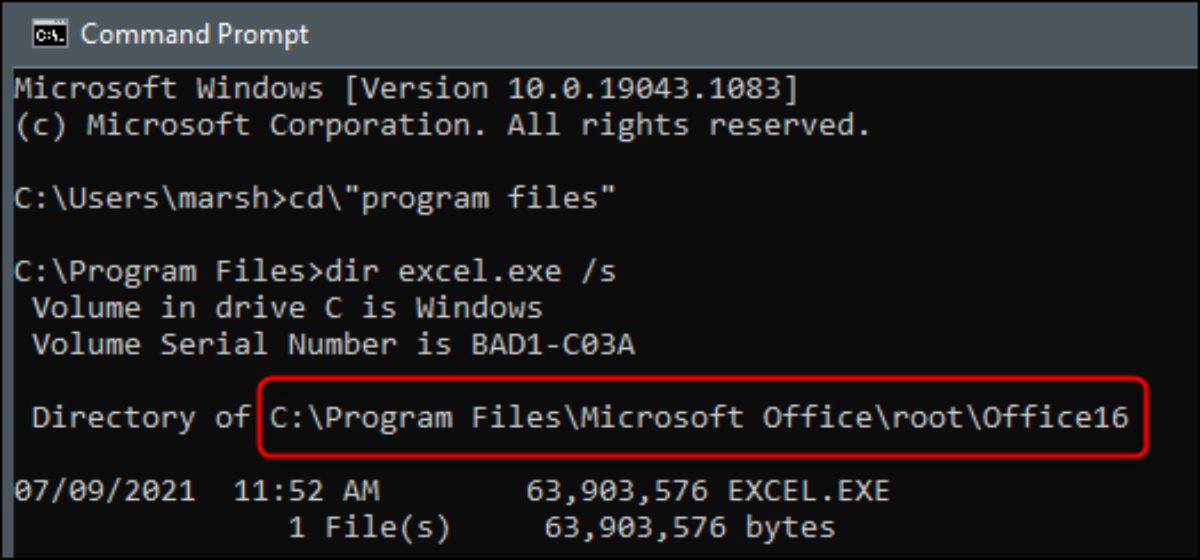 imagem mostrando como encontrar o executavel do Excel no cmd