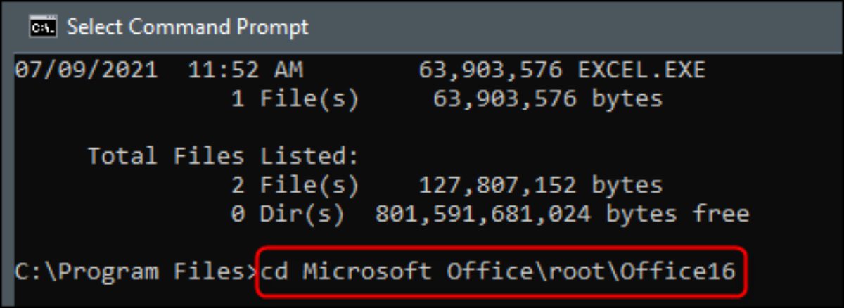imagem mostrando como entrar na pasta em que o executavel do Excel está localizado no cmd imagem mostrando como entrar na pasta em que o executavel do Excel está localizado no cmd