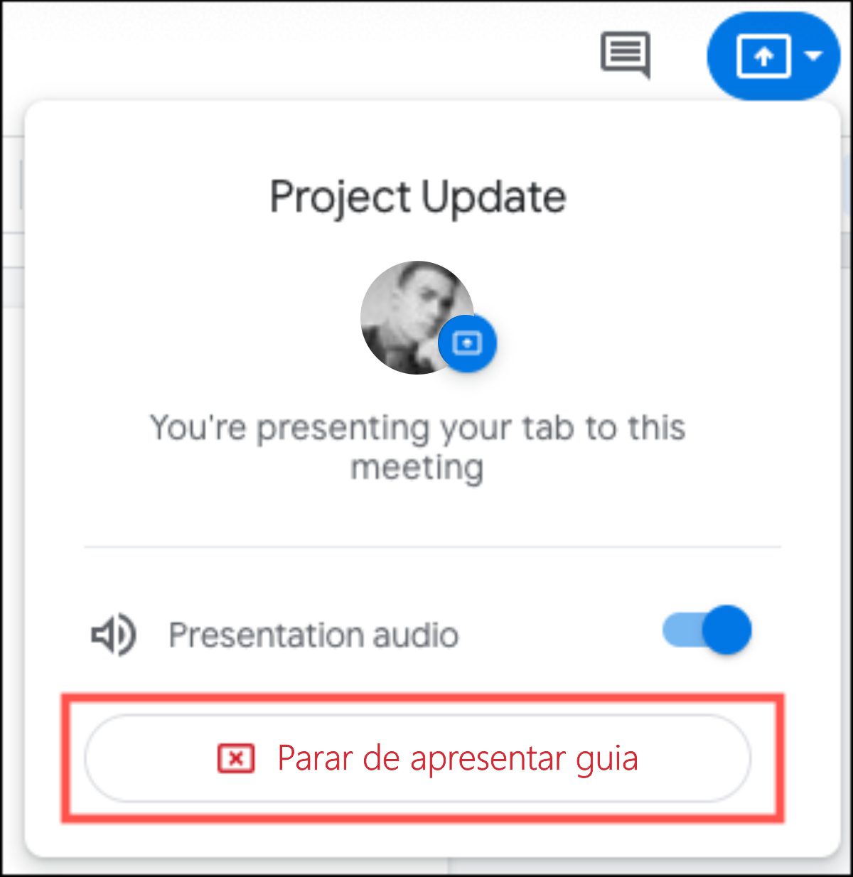 Imagem mostrando botão de parar de apresentar guia no Google Meet