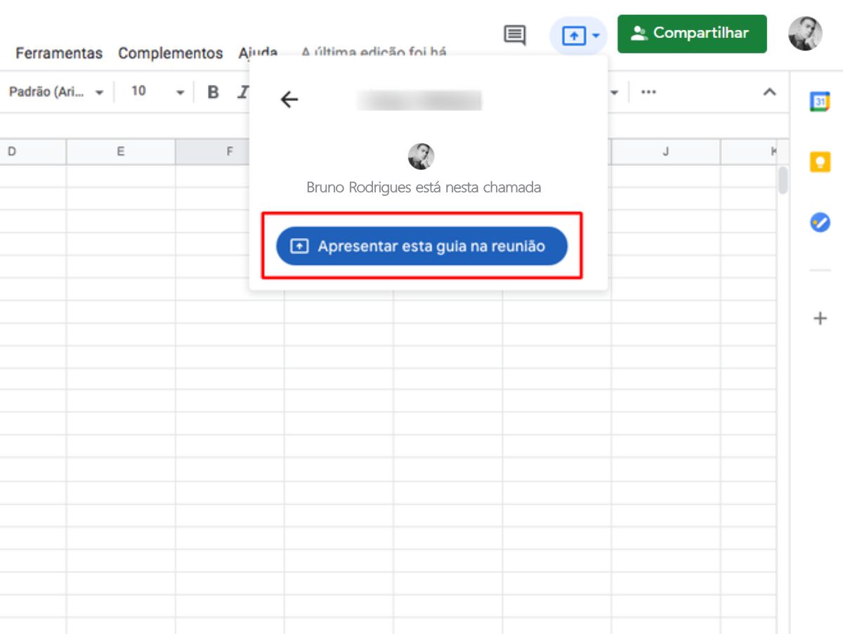 Imagem mostrando como Apresentar a guia na reunião no Google Meet