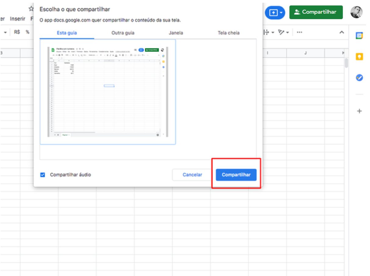 Imagem mostrando como compartilhar conteúdo da tela no Google Meet