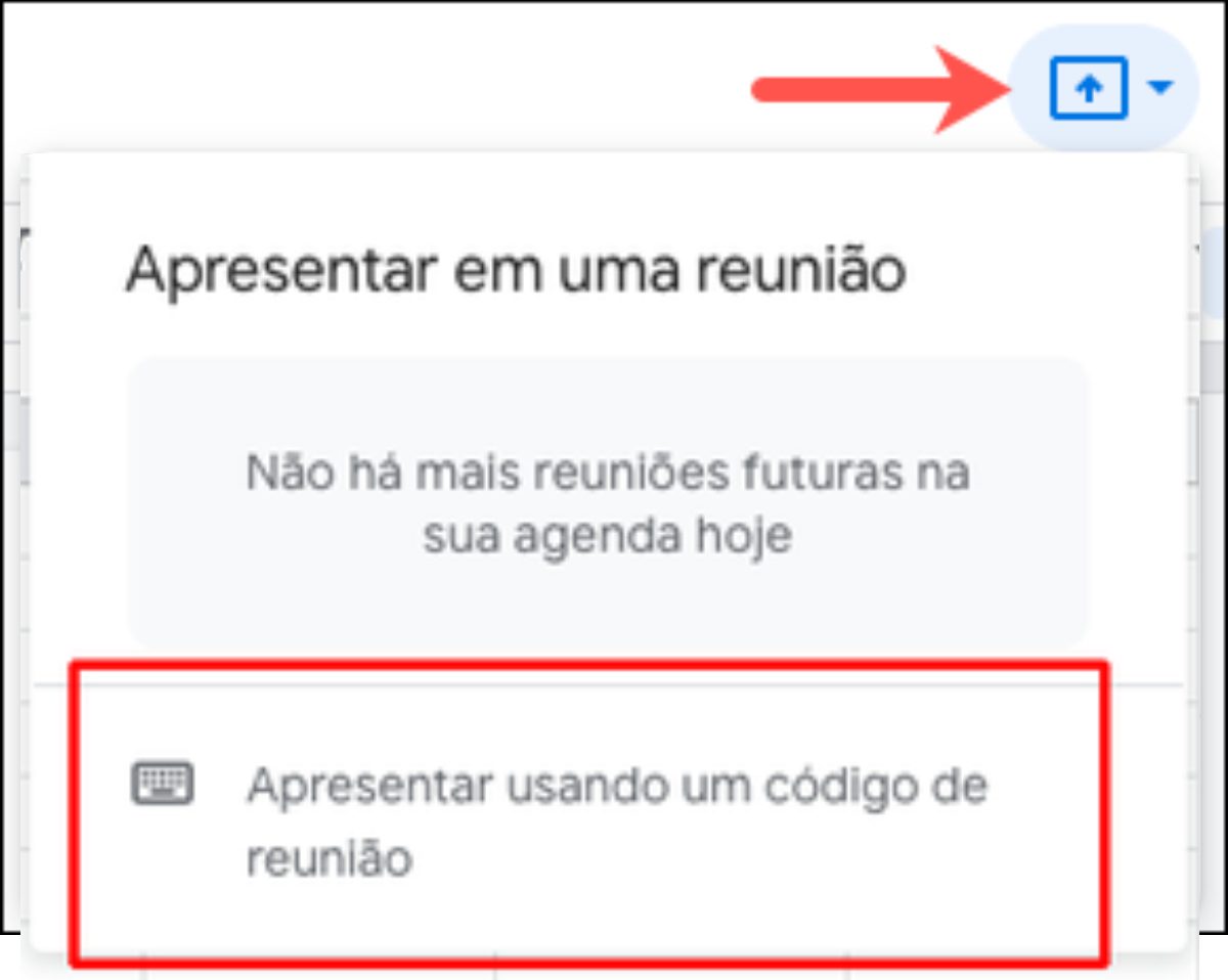 Imagem mostrando como apresentar em uma reunião usando código no Google Meet