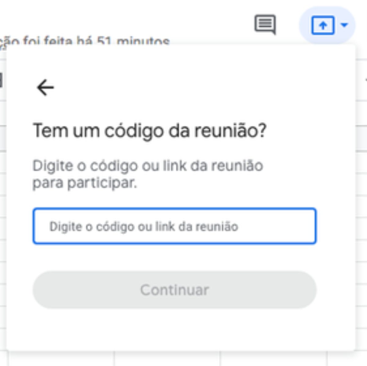Imagem mostrando solicitação do código ou link da reunião no Google Meet