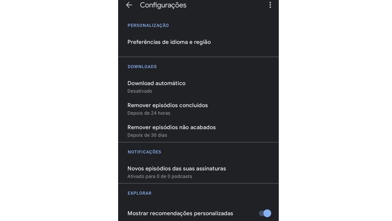 opções de configuração