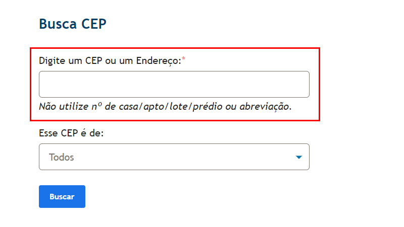 para descobrir o zip code, digite o endereço