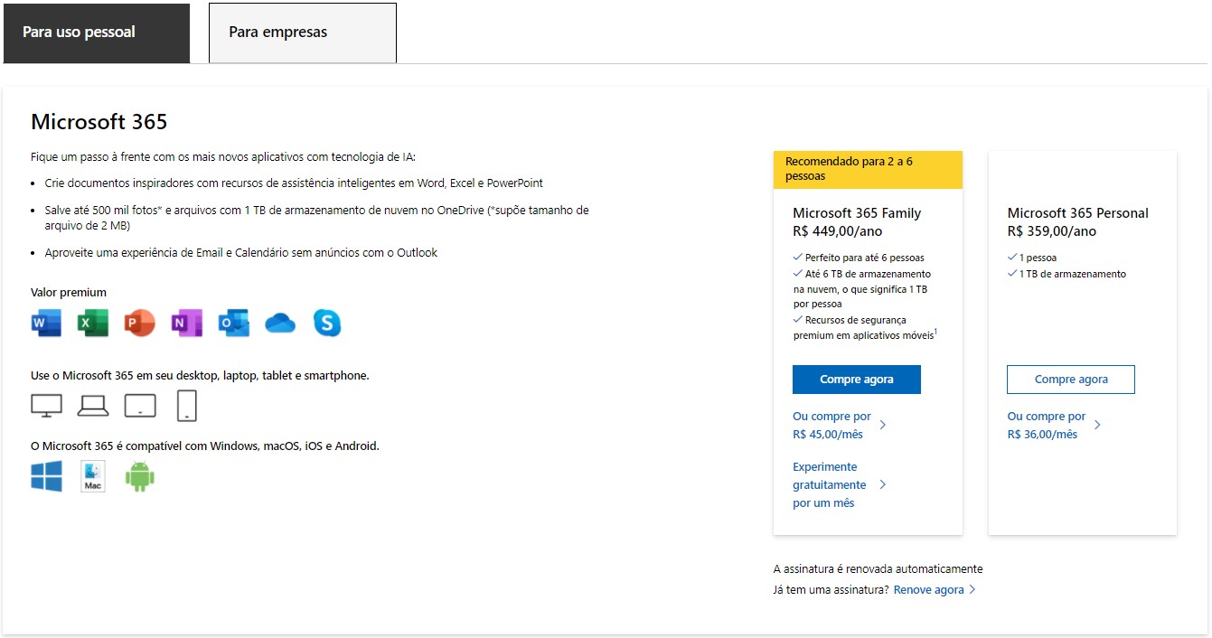 Assinaturas do Microsoft 365 - Word Online
