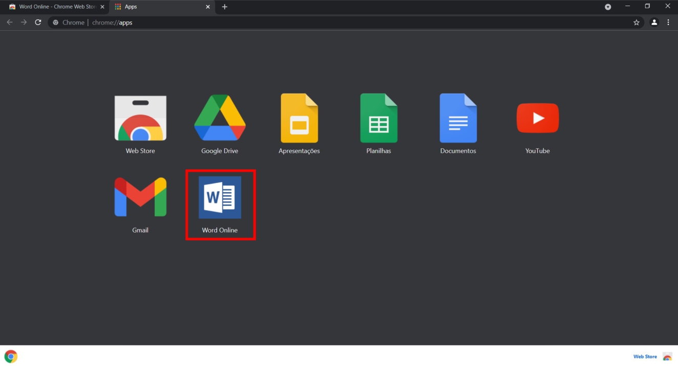 Extensão do Word Online na aba apps do Google Chrome
