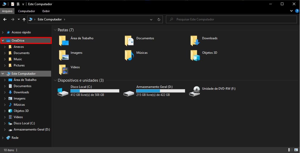 Remova o conteúdo da pasta OneDrive