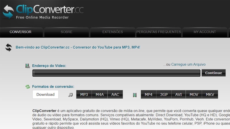 clip converter oferece vários formatos