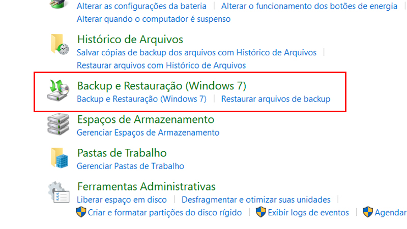 escolha a opção backup