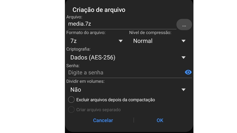 escolha as opções de compactação