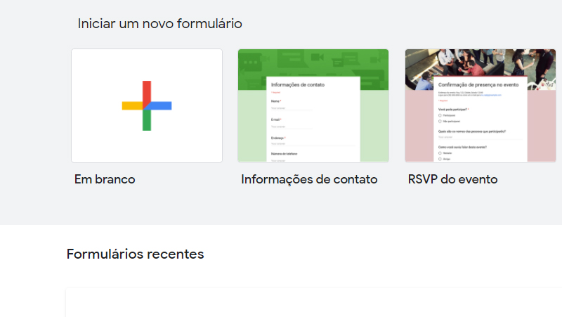 escolha o modelo em branco no google forms