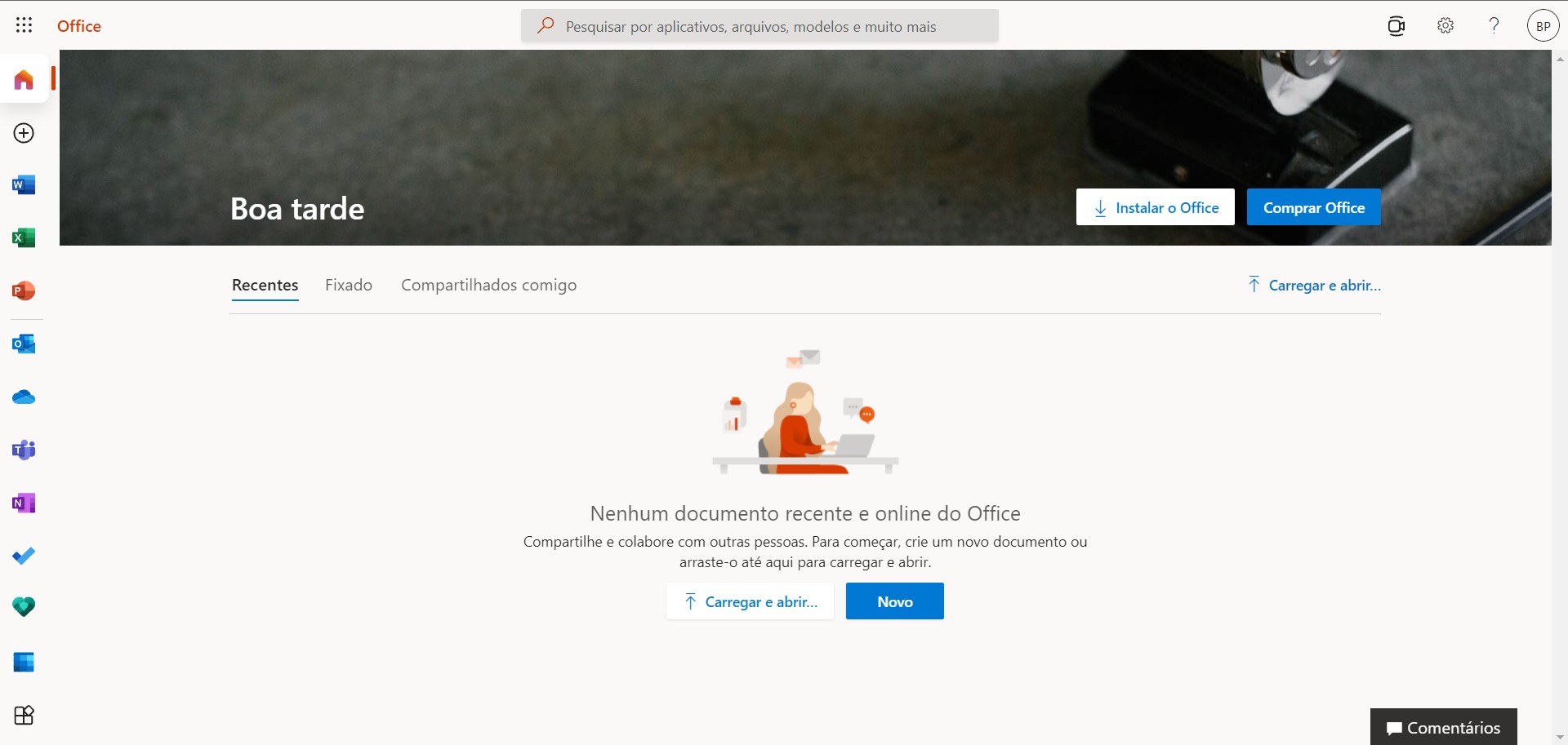 Selecione o Excel na Barra a esquerda - Excel Online