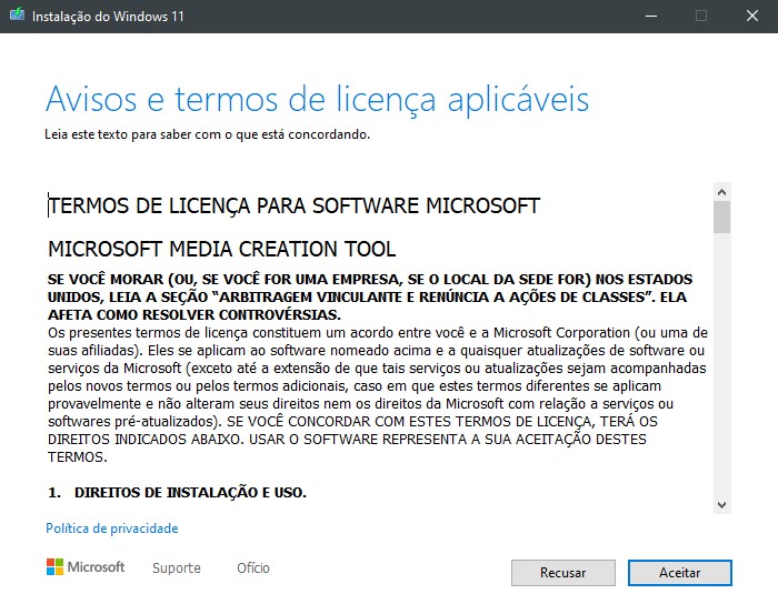 Aceite os termos de licença do Windows 11