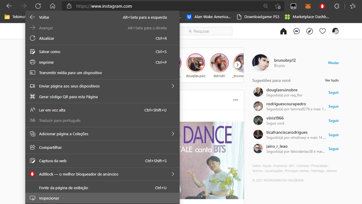 Clique com o botão direito em um espaço livre da página - Como entrar no Instagram usando PC ou Smartphones