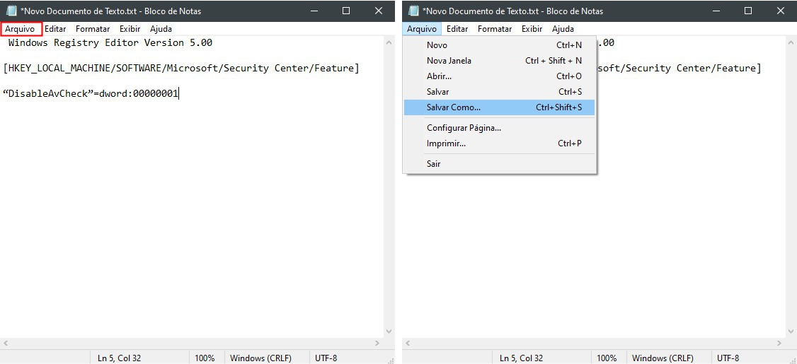 Clique em Arquivo, Salvar como.. - Como desativar o Windows Defender